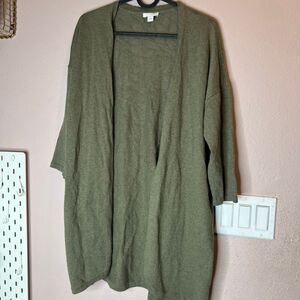 J. Jill Olive. Green open cardigan cotton linen blend design on back